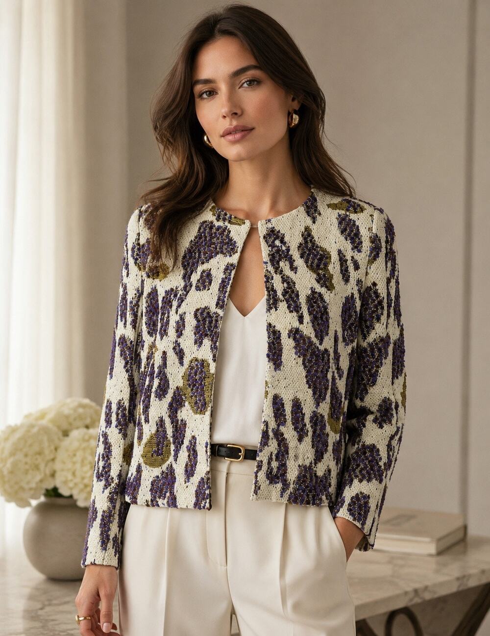 St. John Bouclé Knit Jacket Metallic Textured Open Front Blazer 4 Quiet Luxury